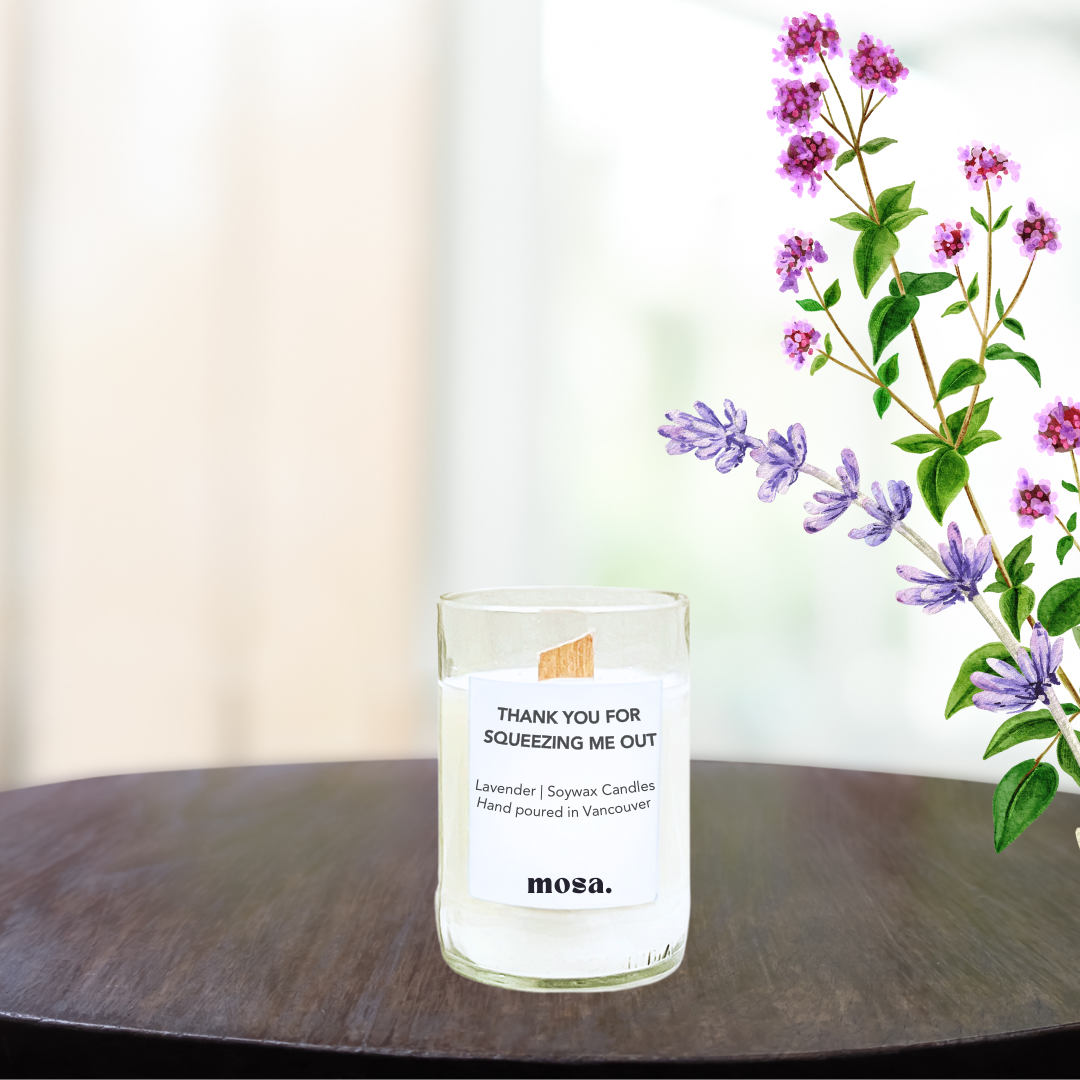 Sustainable gifts made with recyclable glassware, lavender essential oil Mother’s Day candle