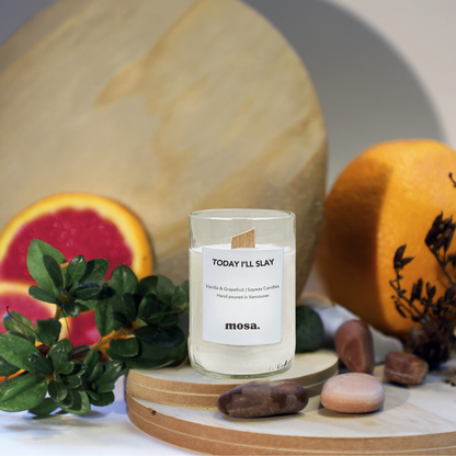 Eco-friendly gifts made with recyclable glassware, vanilla and grapefruit soy wax candle